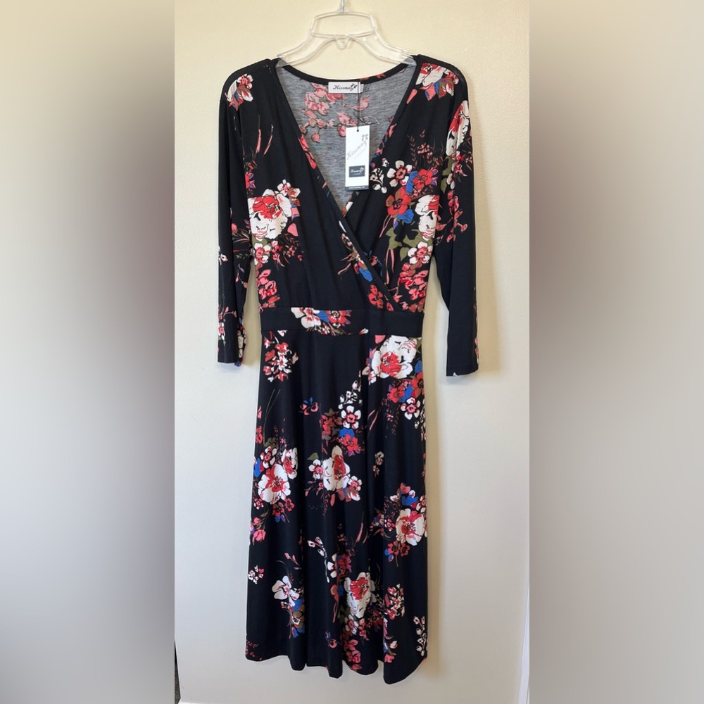 Kiss Black and Red Floral Midi Dress